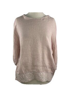 Bellambra Medium 100% Linen Italy Lagenlook Pink Tunic Top Sequin Detail Boho